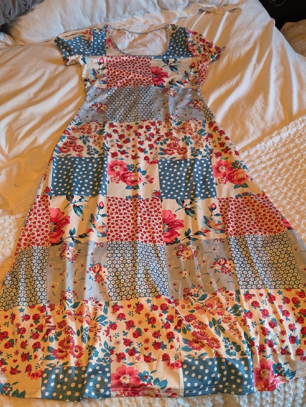 Patchwork Floral Maxi Dress in Blue, Pink, Cream